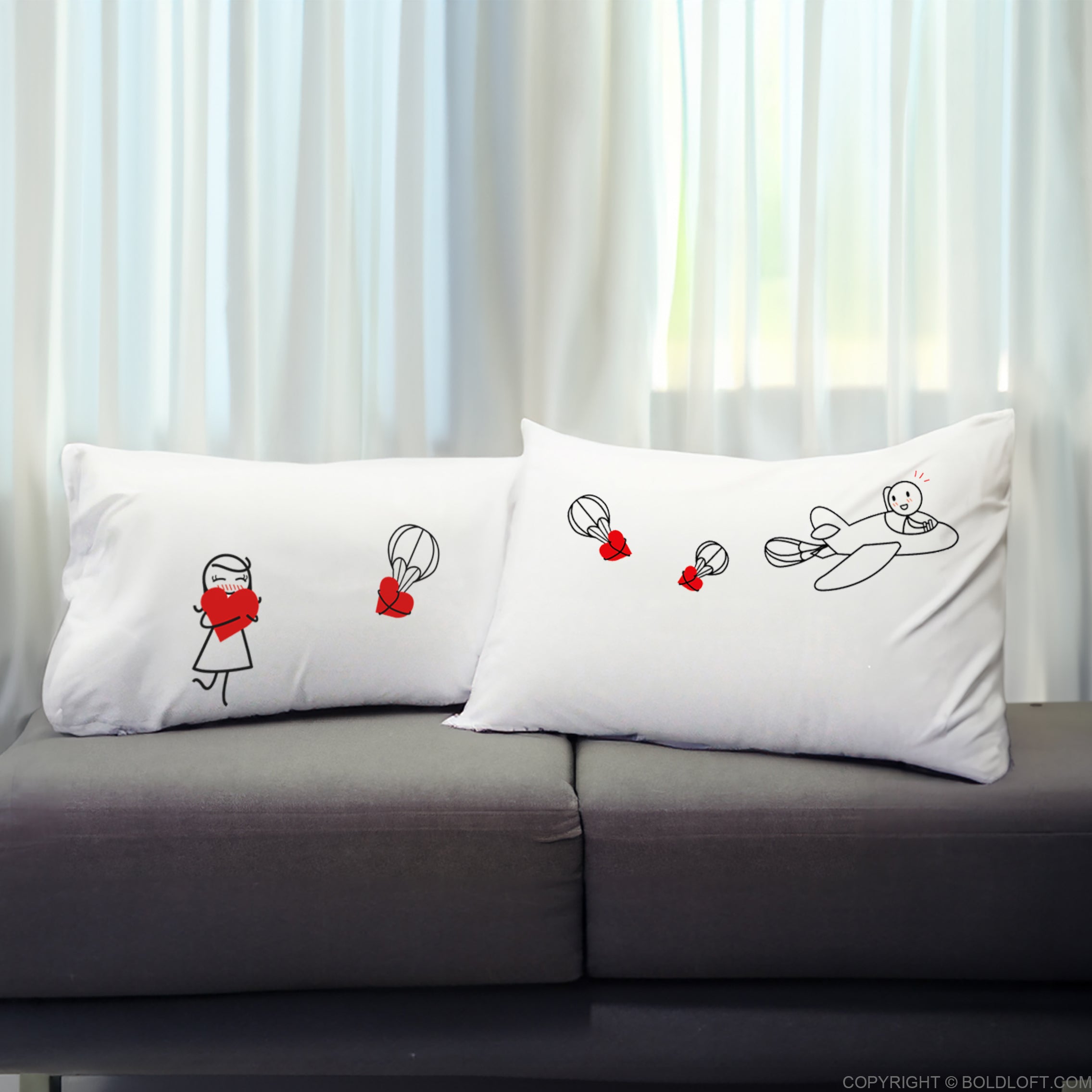 BoldLoft No Matter the Distance Couple Pillowcases-his and hers pillowcases for long distance relationships couples feature 2 stick figures, a plane, and heart ballons