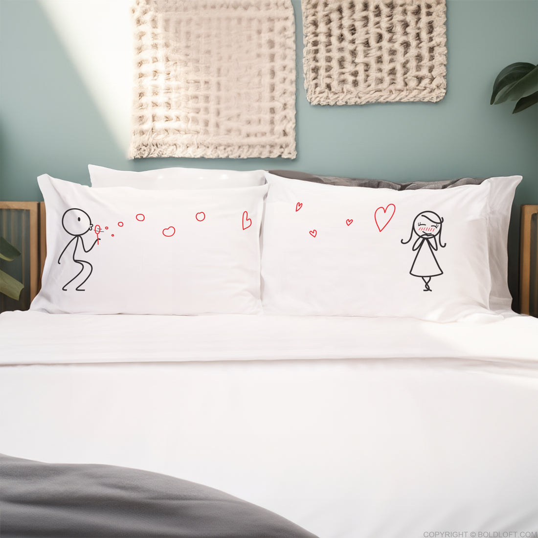 BoldLoft From My Heart to Yours Couple Pillowcases, his and hers pillowcases with stick figures blowing heart-shaped bubbles