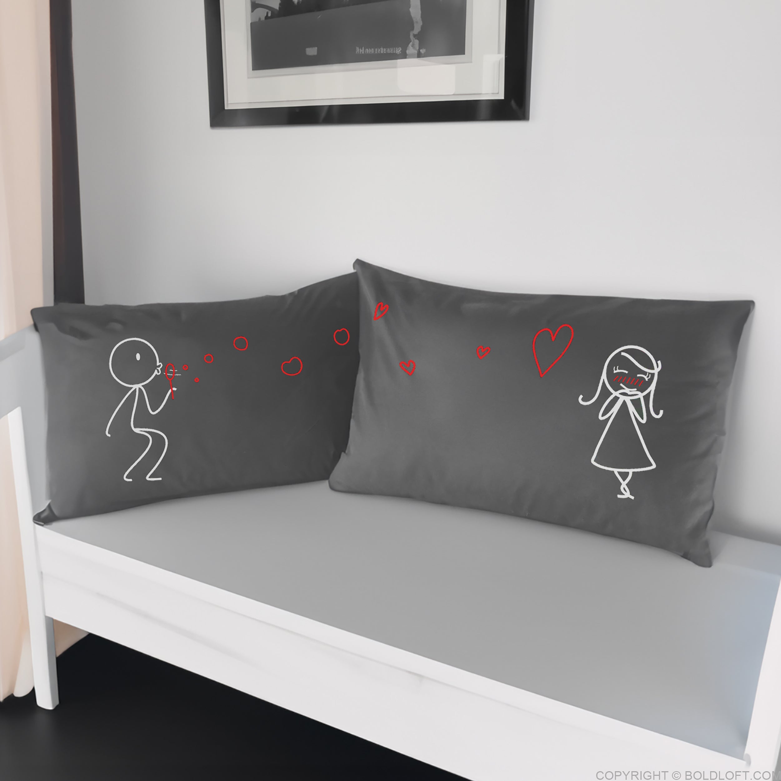 BoldLoft From My Heart to Yours Couple Pillowcases in gray featuring 2 heartfelt stick figures design