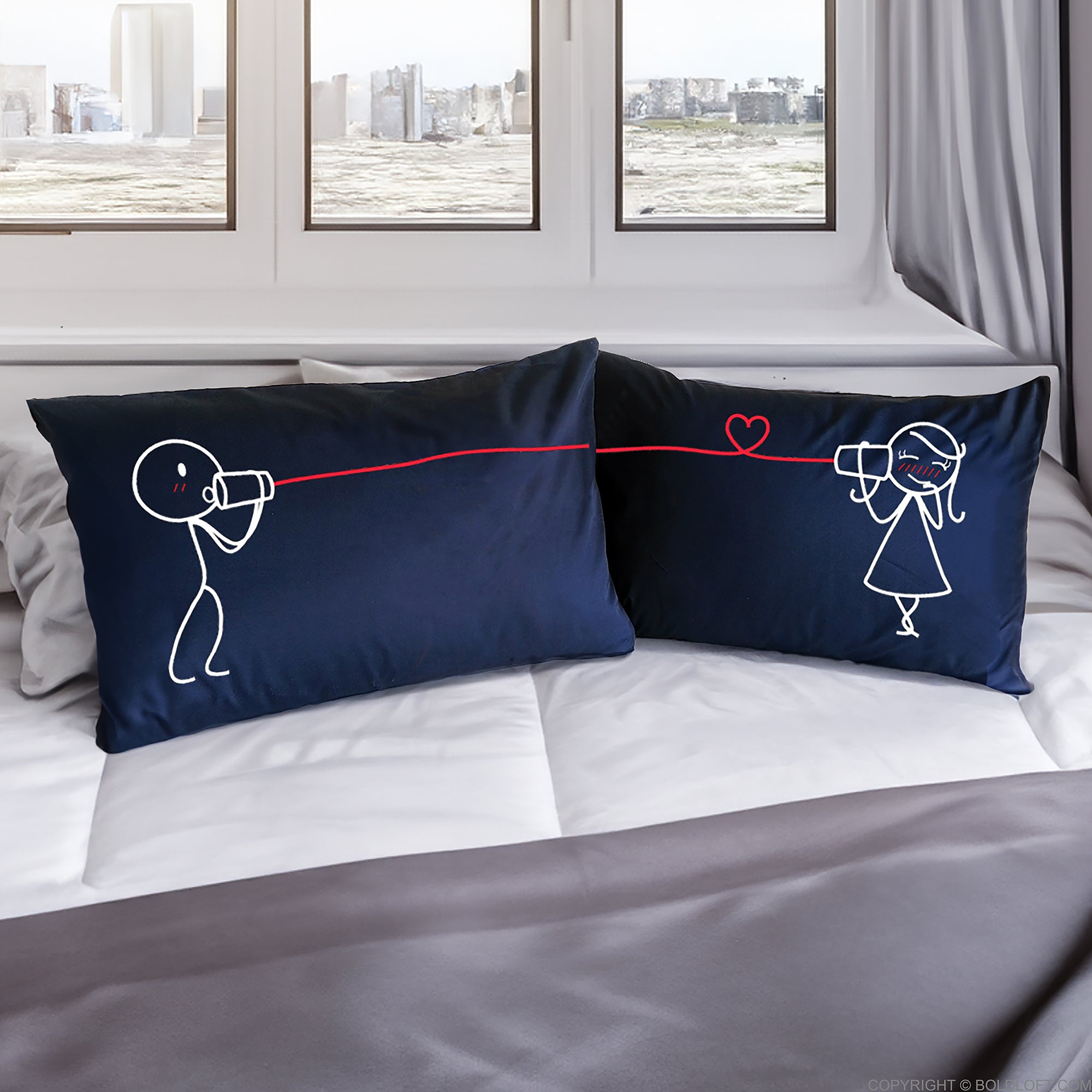 BoldLoft Say I Love You Couple Pillowcases in dark blue, our signature design where 2 stick figures talking to each other using a can-phone