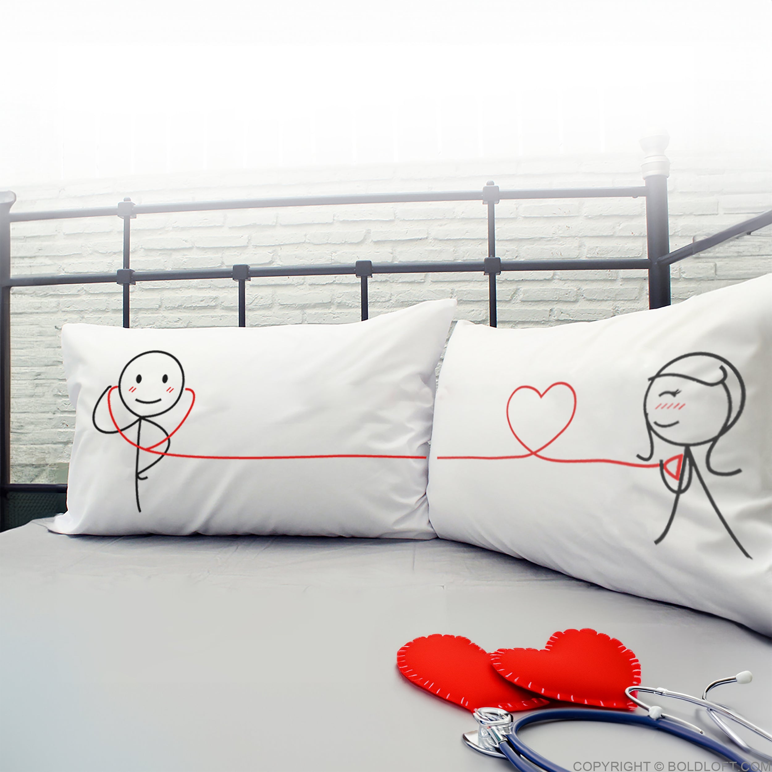 BoldLoft My Heart Beats for You Couple Pillowcases, a heartfelt gift for doctors or any couples in love fetures 2 stick figures, a heart and a stethoscope. Perfect couple gifts for Valentine&