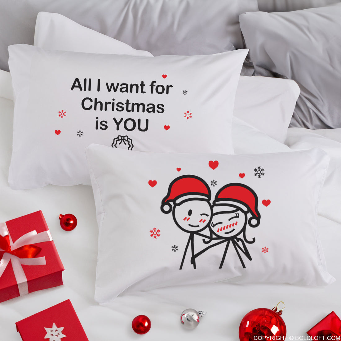 BoldLoft Merry Christmas Couple Pillowcases feature cute stick figures for him and her
