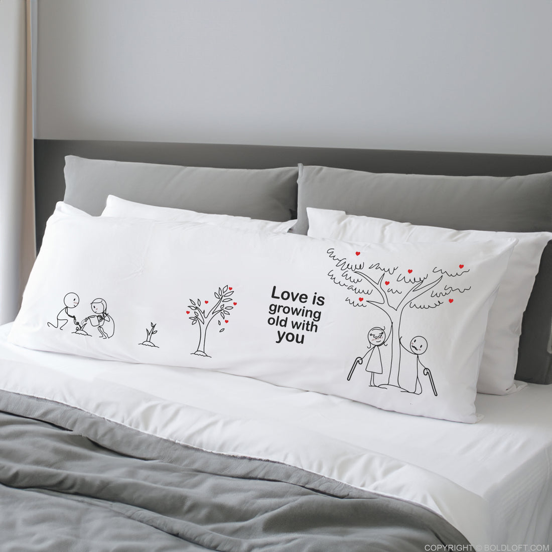 BoldLoft Grow Old with You® Body Pillowcase with heartfelt stick figures, perfect anniversary gift for him and her