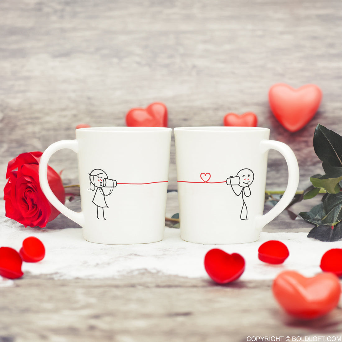 BoldLoft Say I Love You Too couple coffee mugs. Valentine mugs for him and her feature 2 stick figures and can phone. Perfect Valentine&