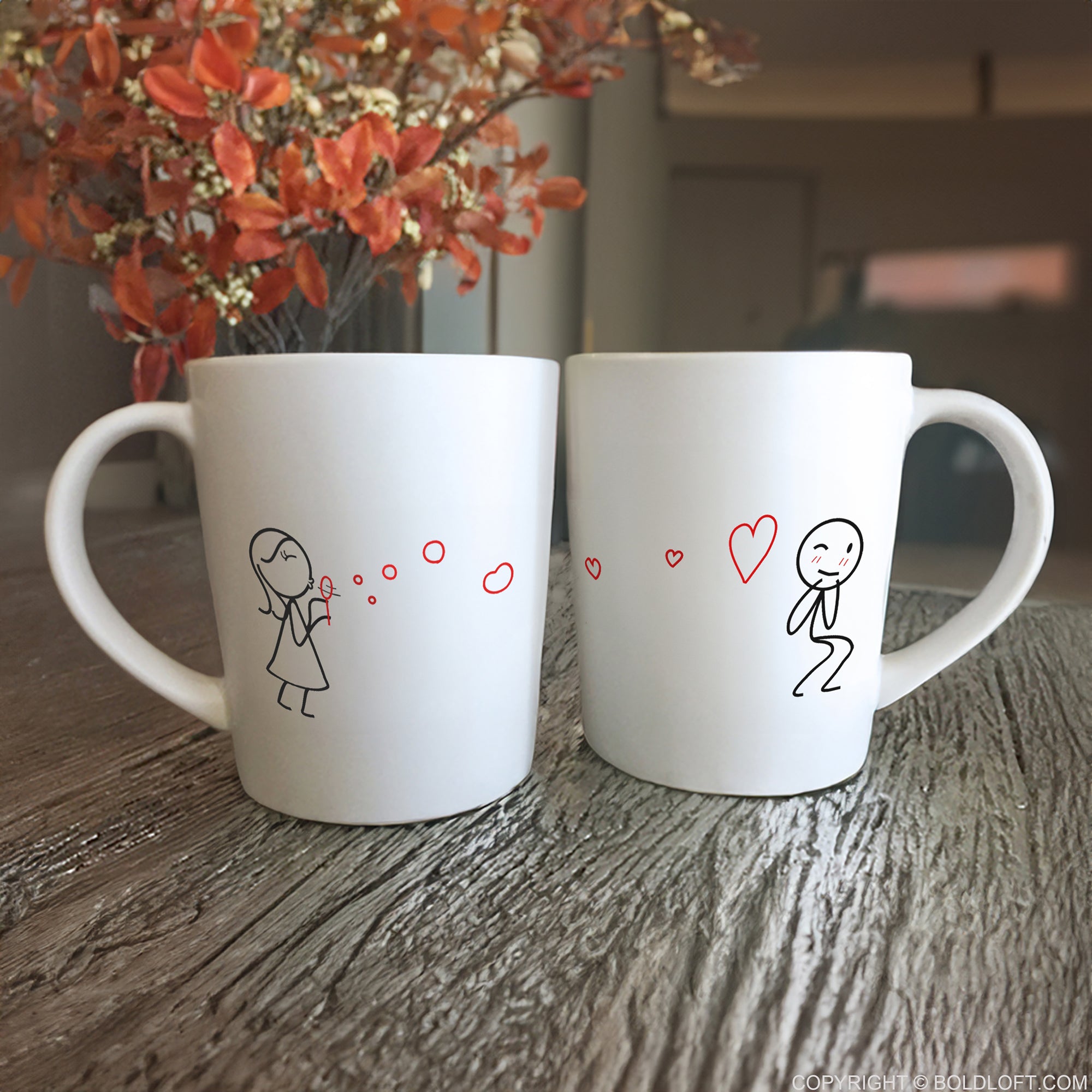 BoldLoft heartfelt design,From My Heart to Yours Too, cute Couple Coffee Mug Set for him and her, feature a girl blows hearts-shaped bubbles to a boy