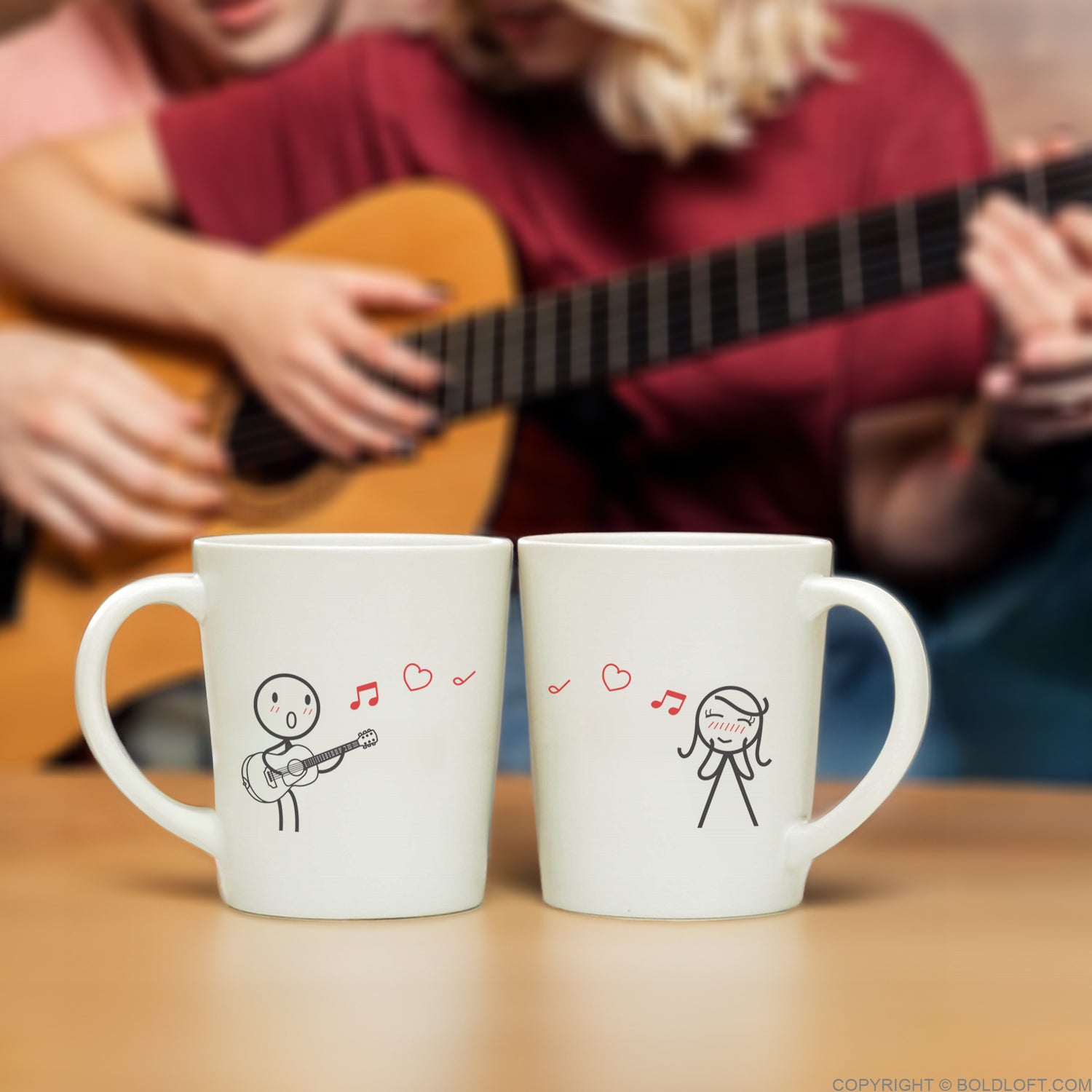 BoldLoft Love Me Tender™ Couple Mugs-Couple mugs for him and her feature a stick figure plays guitar to a stick figure girl