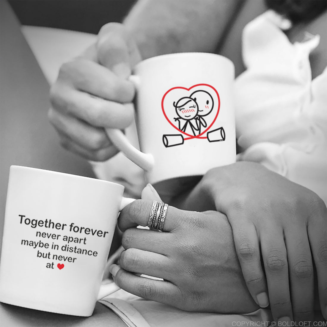 BoldLoft Together Forever™ Couple Mugs - His and hers coffee mugs with love quotes and 2 cute stick figures