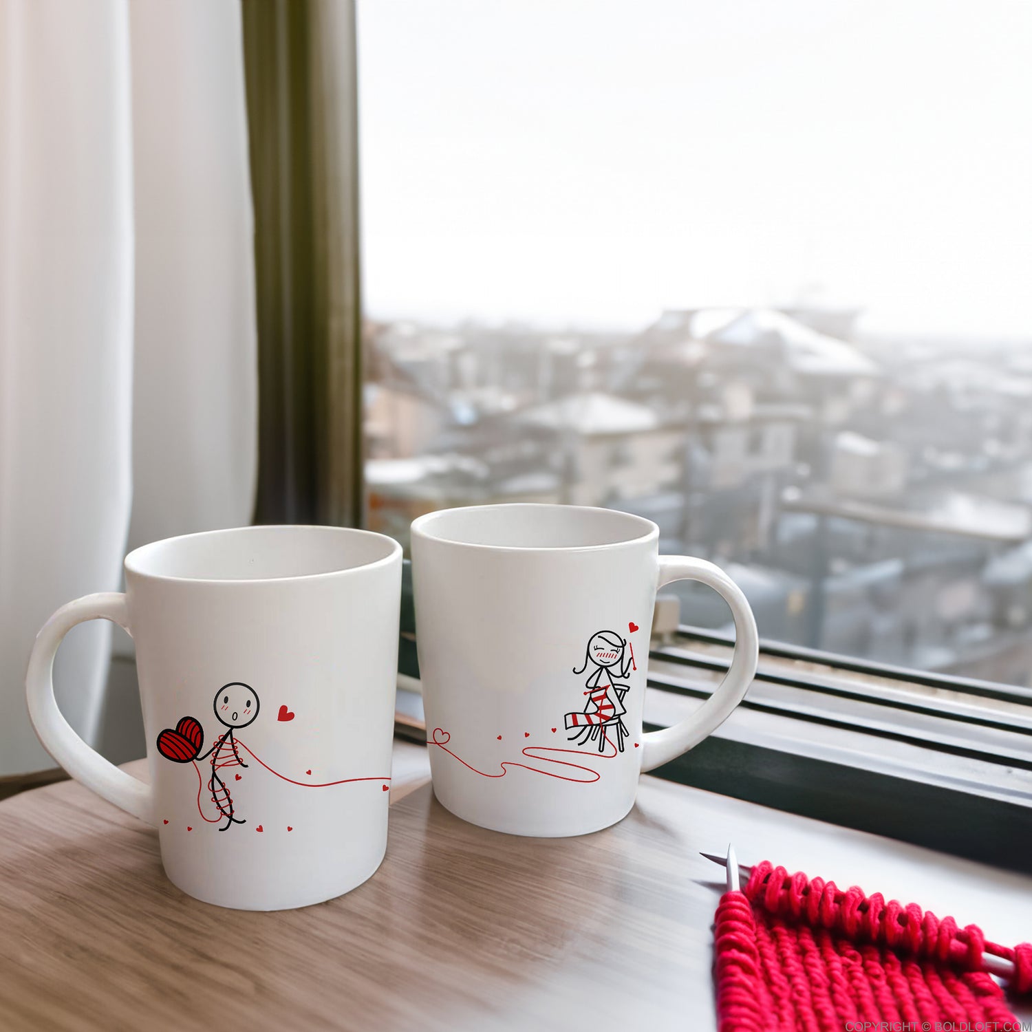 BoldLoft Love Ties Us Together Couple Mugs, featuring a girl knitting her love to a boy
