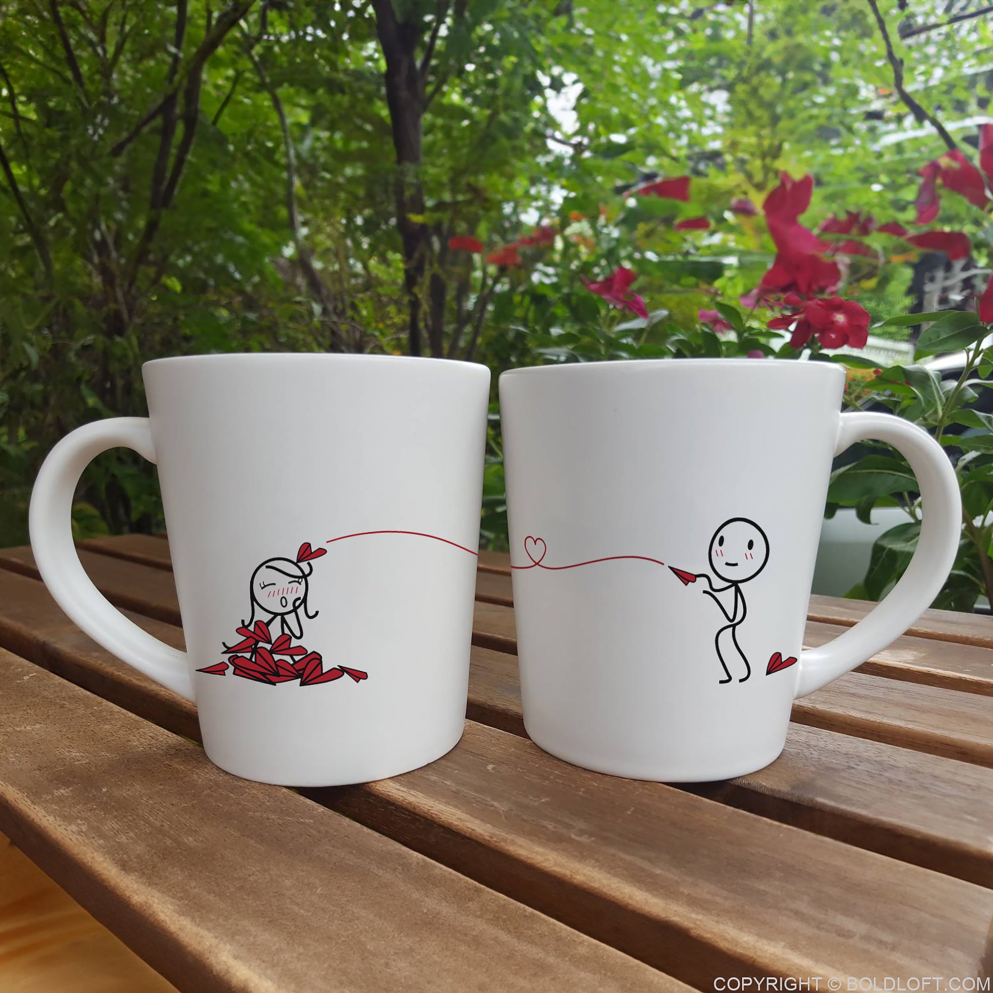Love Will Find A Way™ Couple Coffee Mugs- Couple mugs for her with heart-shaped paper planes and 2 cute stick figures designs