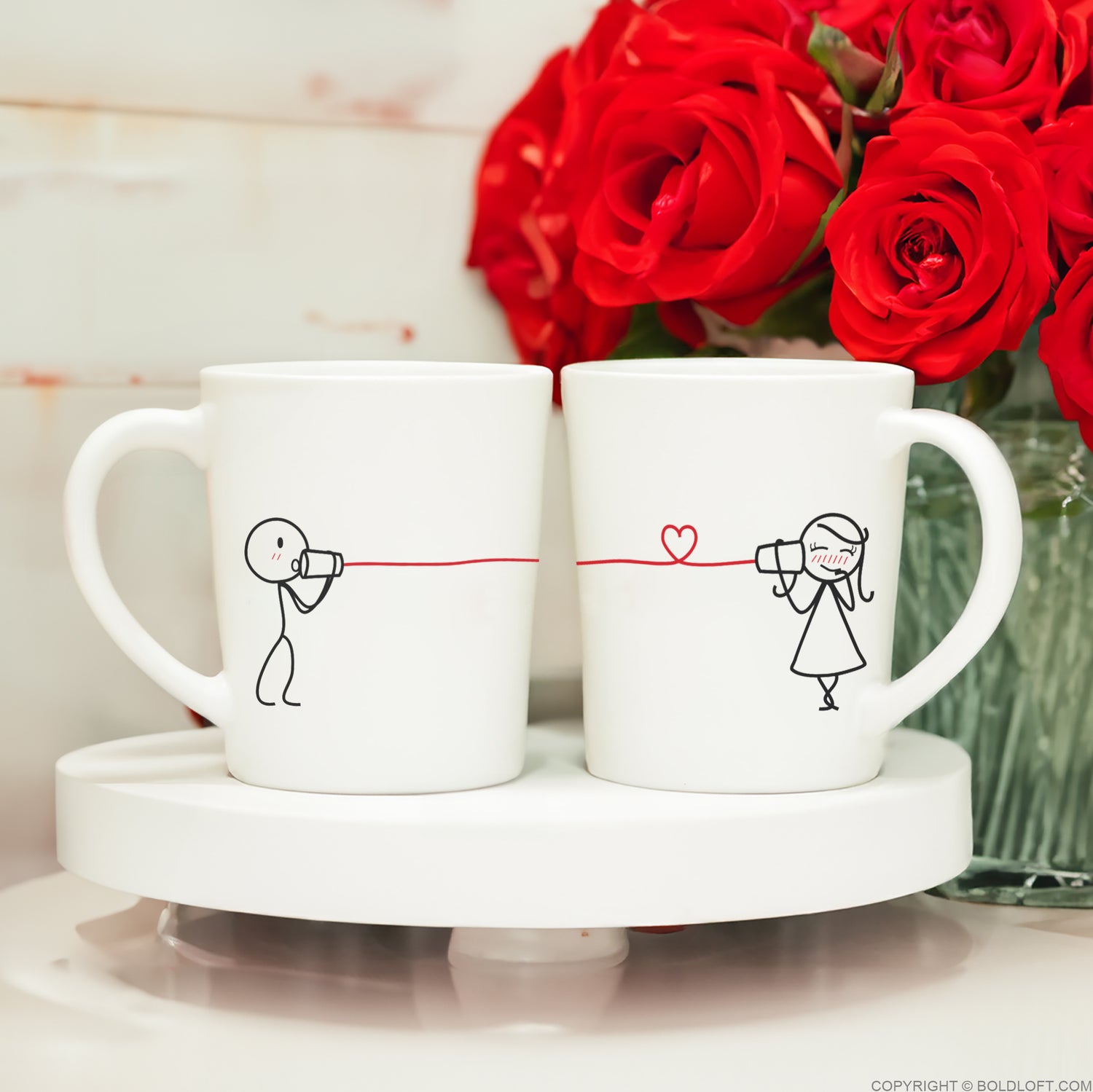 BoldLoft Say I Love You couple coffee mugs showcasing signature designs with can phone and 2 stick figures