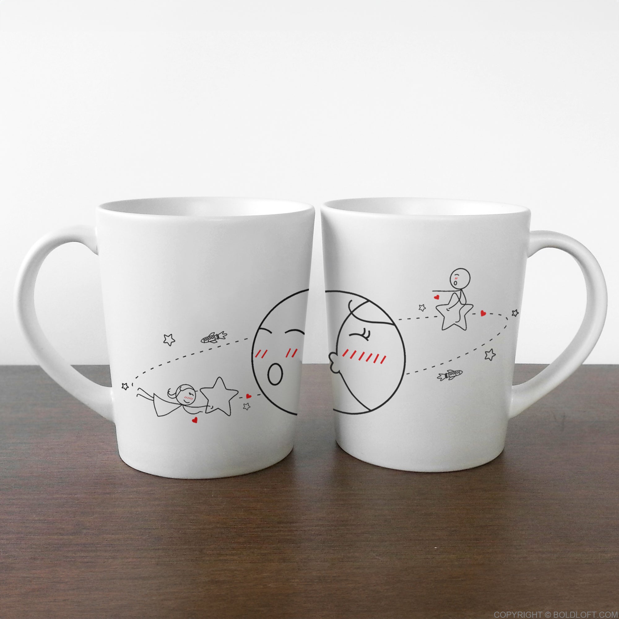 BoldLoft Love You to the Moon and Back Couple Coffee Mugs- Long distance coffee mugs for couples feature a boy and a girl fly around a globe