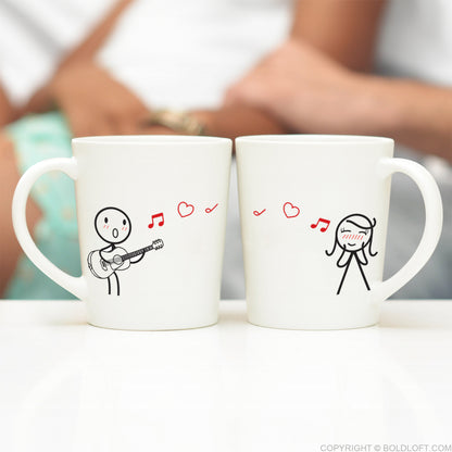 BoldLoft Love Me Tender™ Couple Mugs-couple mug set for her with guitar and stick figure designs