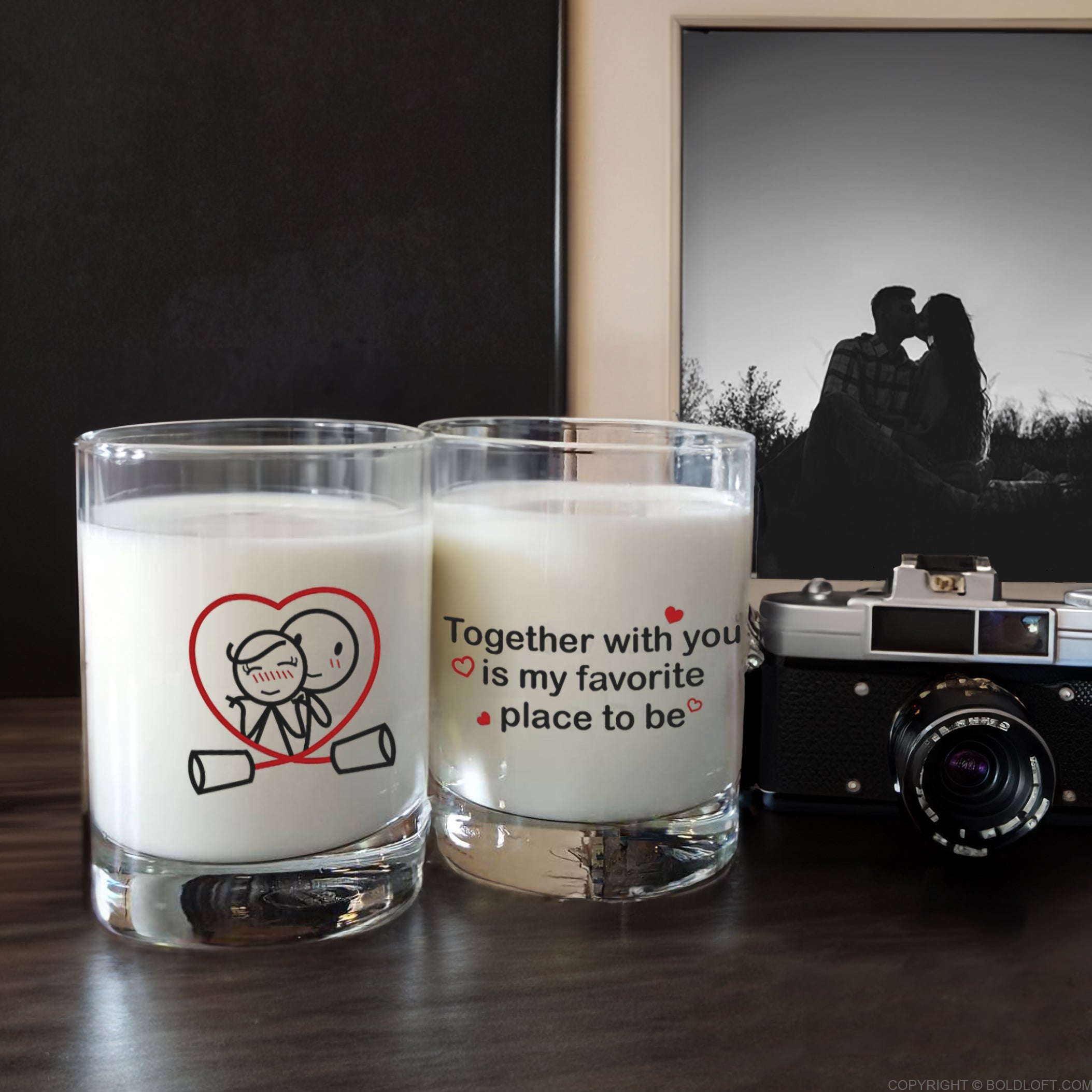 BoldLoft Together wit You Couple Drinking Glasses, whimsical glass set with sweet love quote and cute stick figures