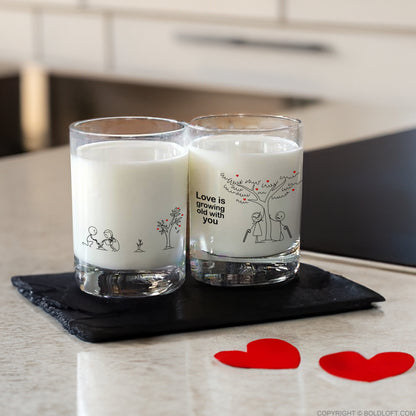 BoldLoft Grow Old with You couple drinking glasses feature 2 stick figures and a love quote. Perfect love quote gifts for couples