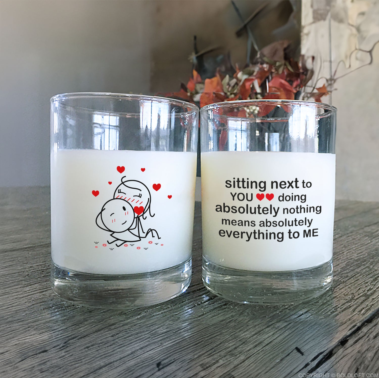 You Mean Everything to Me™ Couple Drinking Glasses,, feature a boy and a girl stick figures and a love quote.
