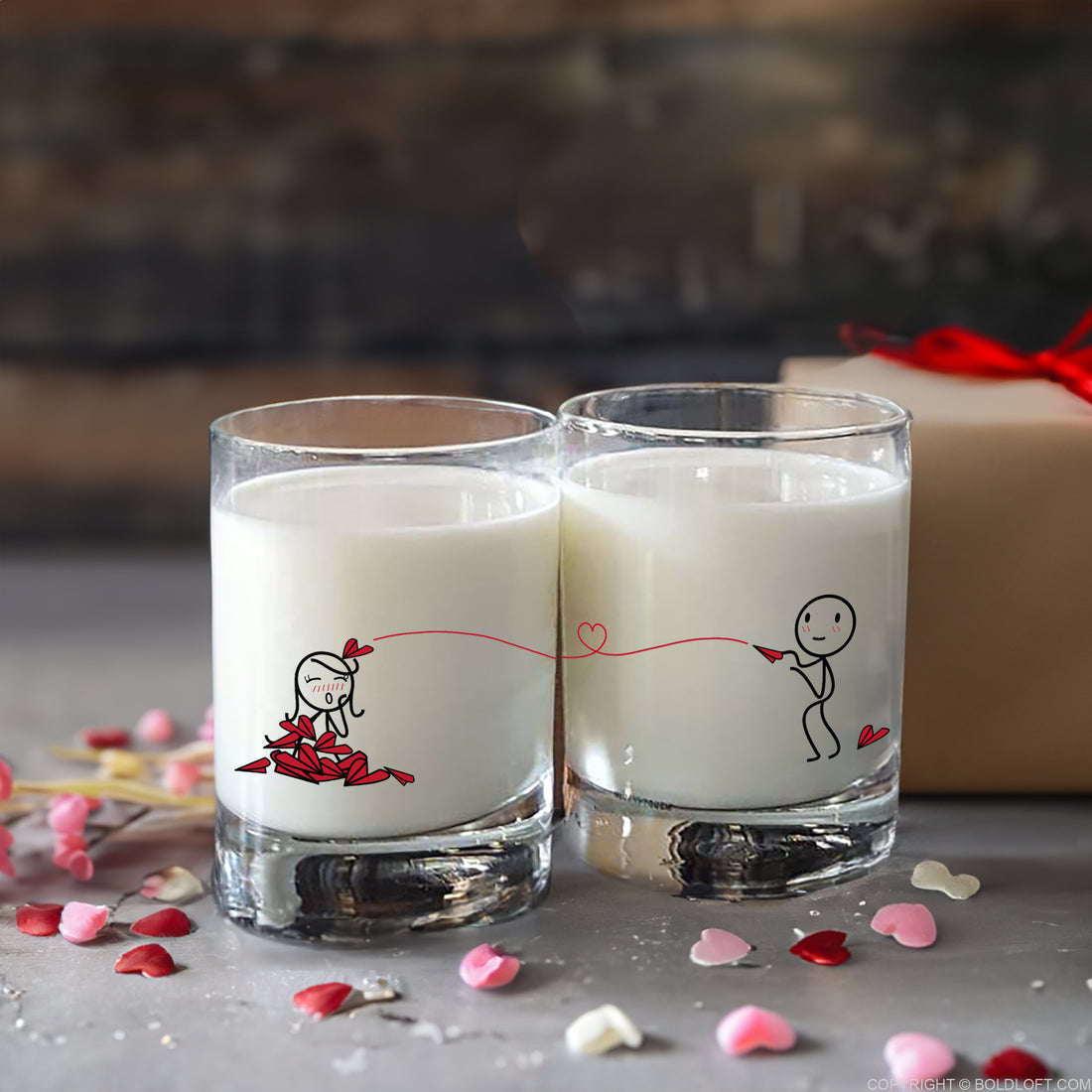 BoldLoft Love Will Find A Way Couple Drinking Glasses feature 2 stick figures and perfect couple gifts for anniversary and Valentine&