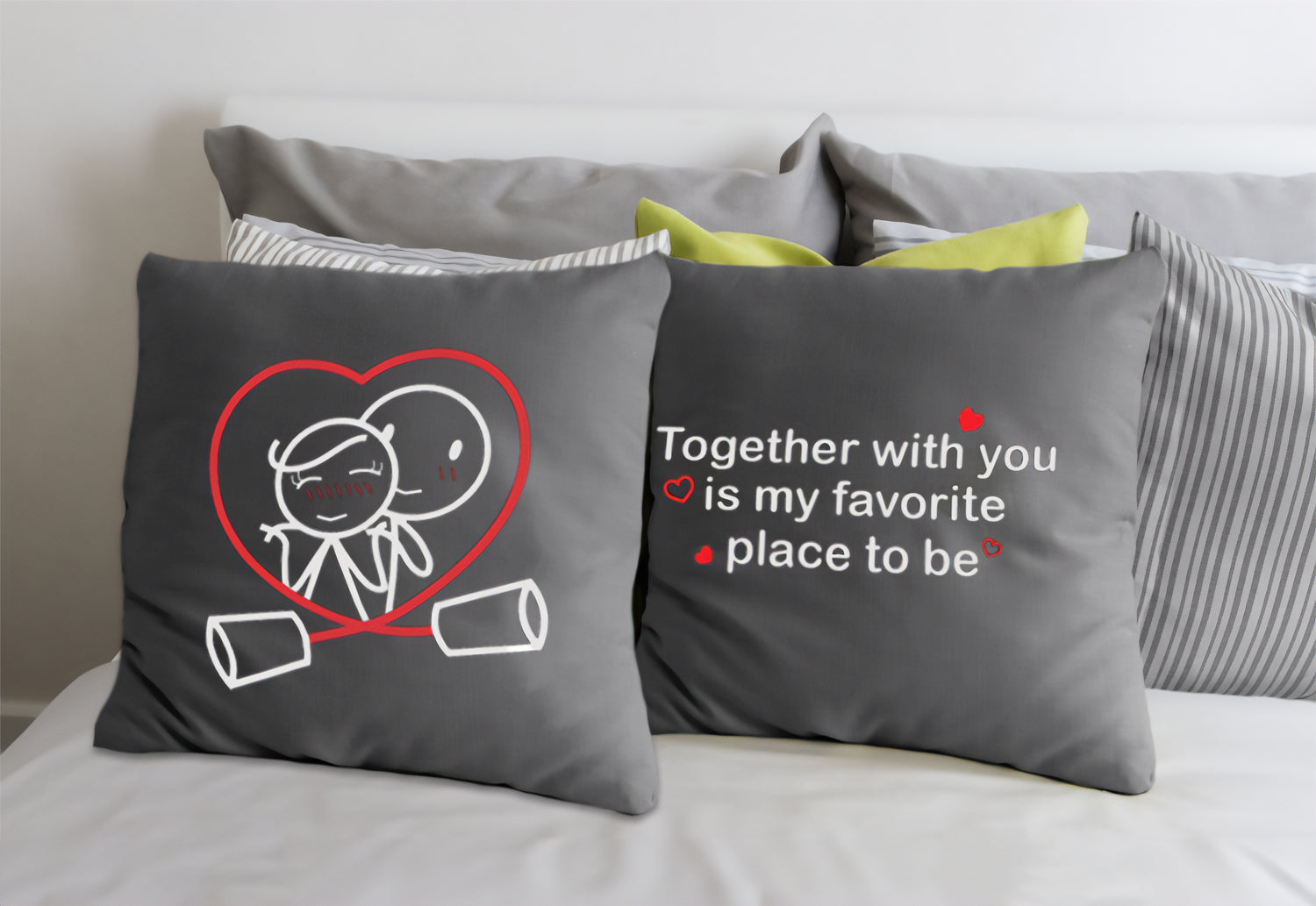 Explore BoldLoft Grey Euro Couple Pillow Covers with Sweet Love Sayings and Heartfelt Stick Figures