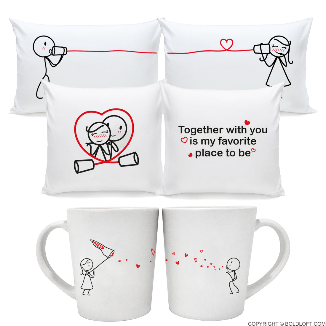 BoldLoft Together in Love Couple Gift Set includes a set of his and hers pillowcases, a set of couple euro pillow covers, and a set of couple mugs.