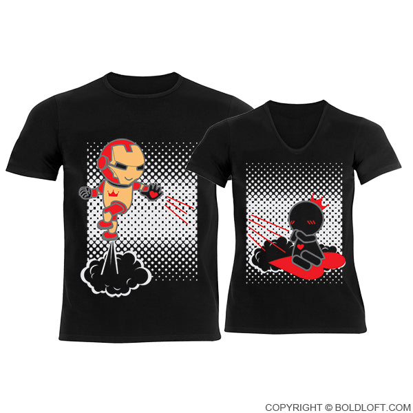 BoldLoft Love You 3000 couple shirts, featuring cute superhero-themed cartoon characters for cartoon and comic lovers.