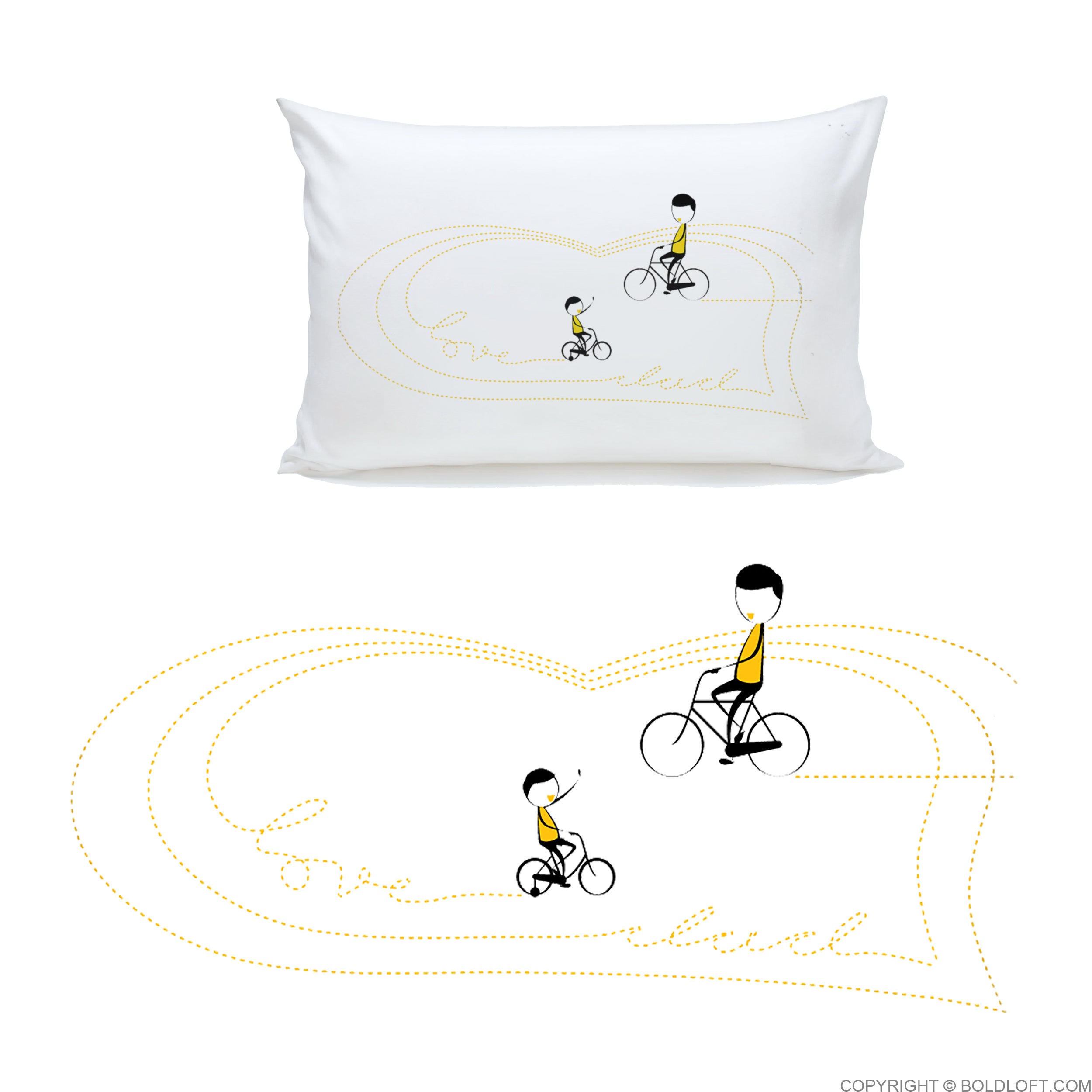 BoldLoft I Heart You Dad Pillow Cover. Pillowcase with an illustration of a father and his kid riding bikes together. Great daddy pillowcase gift for dad and papa.