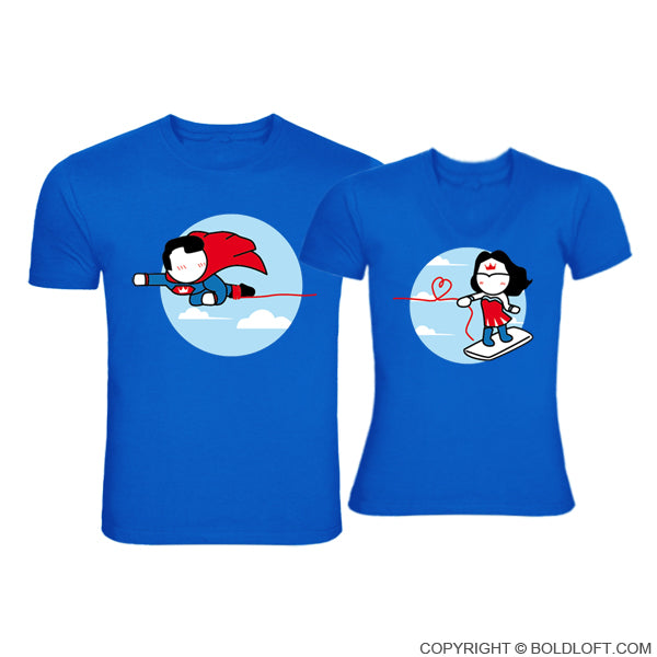 BoldLoft Made for Loving You™ Couple Shirts in Blue. Fun shirt set for Superman and Wonder Woman fans. 