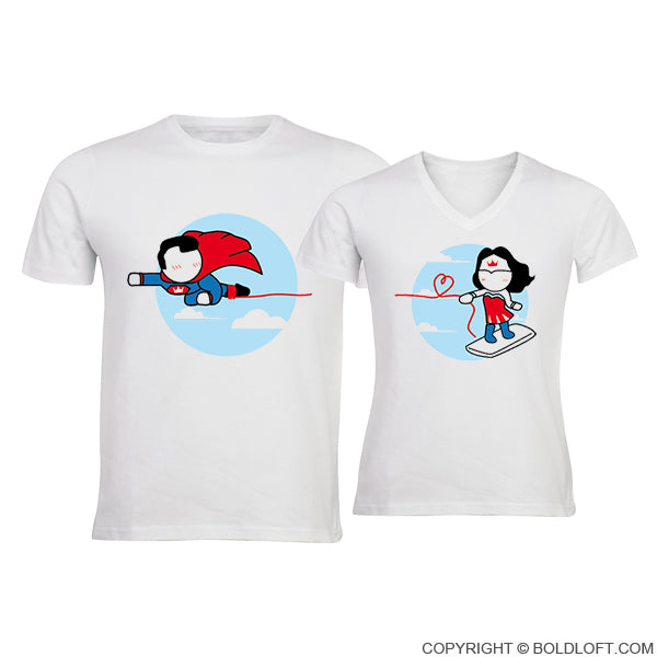 BoldLoft Made for Loving You couple shirts, featuring cute superhero-themed cartoon characters for cartoon and comic lovers.