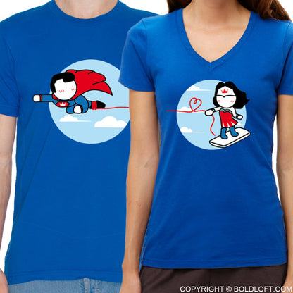 Made for Loving You™ His &amp; Hers Matching Couple Shirt Set in Blue. Whimsical his and hers shirts for Superman fans.
