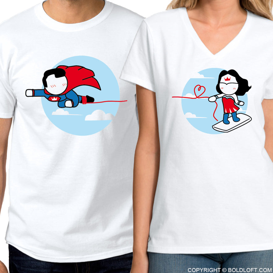BoldLoft Made for Loving You Couple Shirts. Superheroes themed  his and hers for couples, featuring cute love cartoon characters.