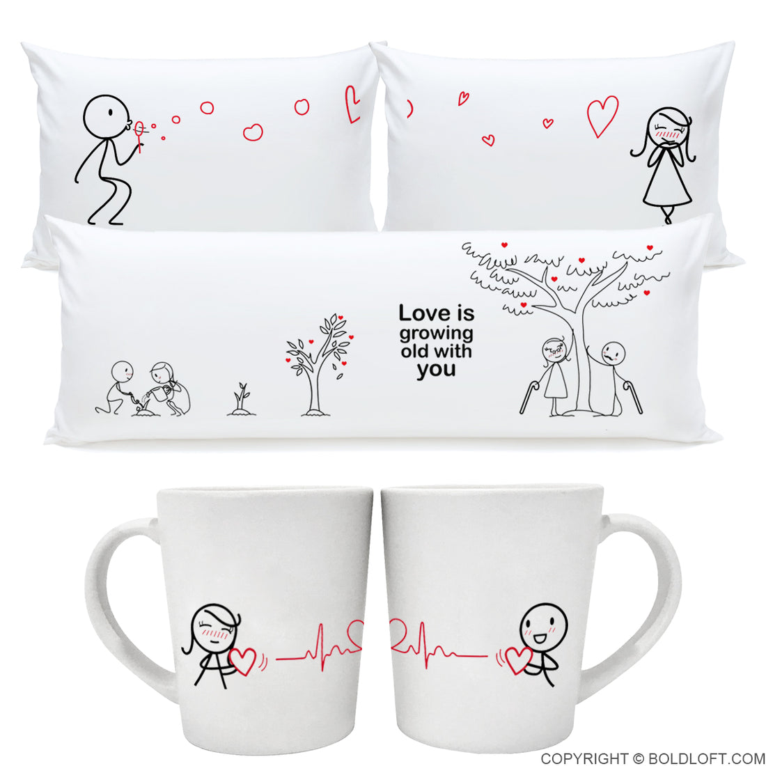BoldLoft Together in Love™ Couple Gift Set I includes a set of couple pillowcases, a body pillow cover, and a set of couple coffee mugs.