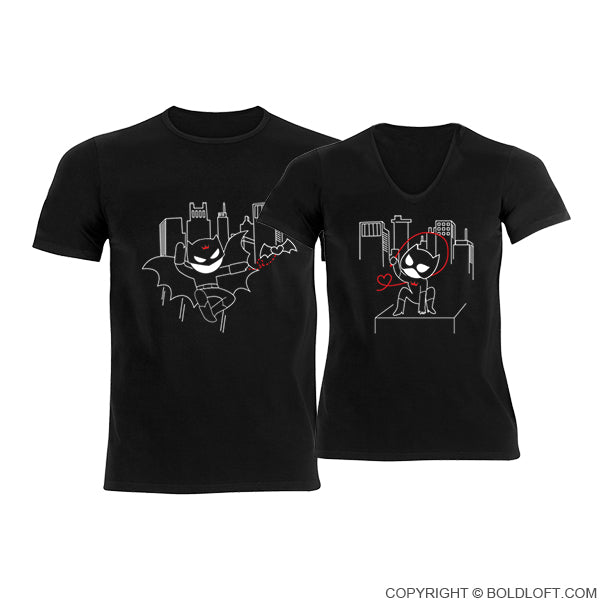 BoldLoft We’re Irresistibly Attracted couple shirts, featuring cute superhero-themed cartoon characters for movies and comic lovers.