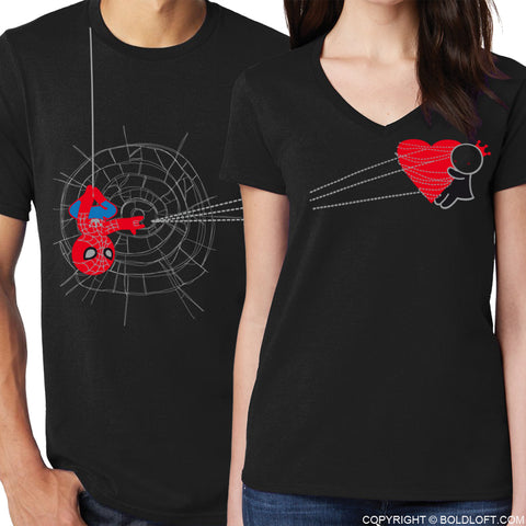 BoldLoft Couple Shirts - You've Captured My Heart Spider Web Super Hero Matching Couple Shirts Black